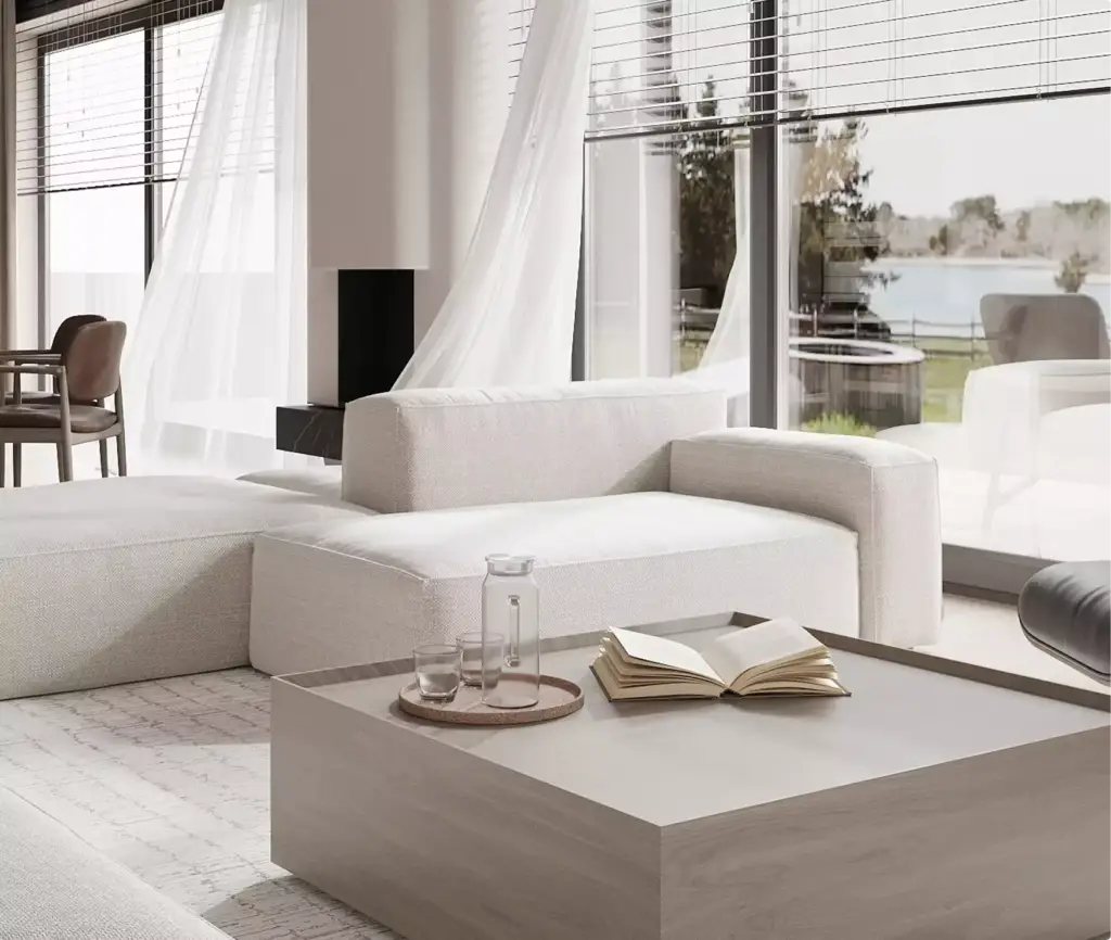 Rendering di appartamento: soggiorno moderno con divano modulare, tavolino basso e ampie vetrate a tutta altezza