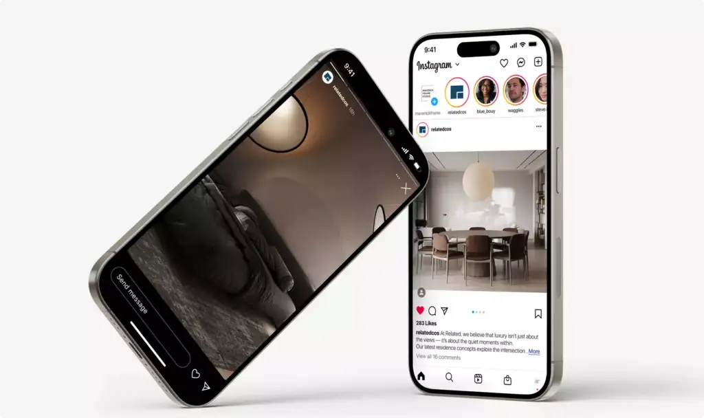Rendering di appartamento mostrati su schermi di smartphone con post di interior design in un'app social
