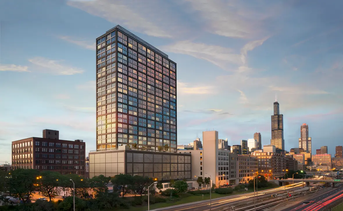 Modern high-rise in Chicago, architectural rendering Chicago with city skyline and evening light trails