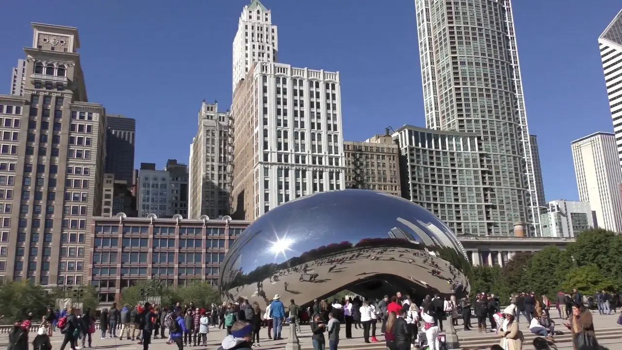 Cloud Gate plaza and towers, architectural visualization with mirrored sculpture and crowds in daylight