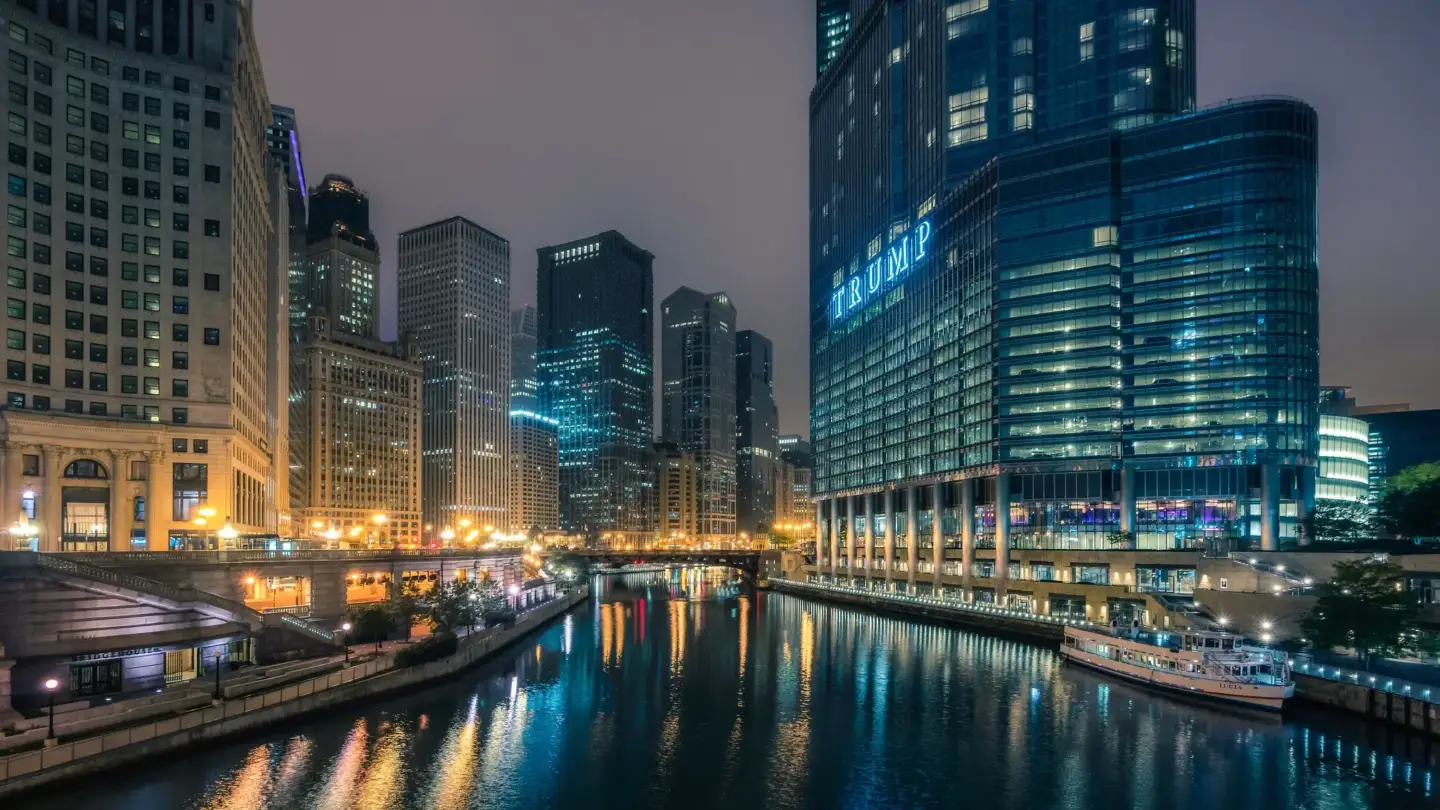 Chicago River skyline at night, architectural visualization in Chicago with lit towers and water reflections