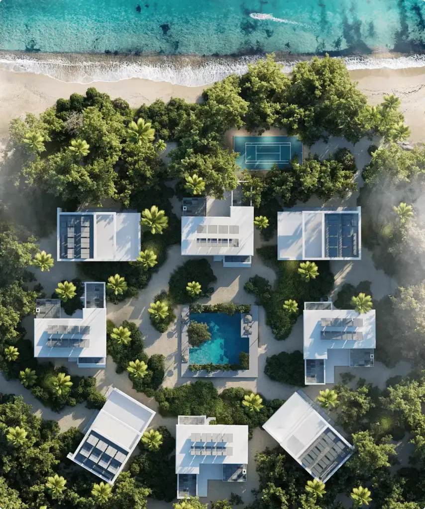 3D-hotelrender van het strandresort met plattegrond, villa’s, centraal zwembad, tennisbaan en turquoise kust