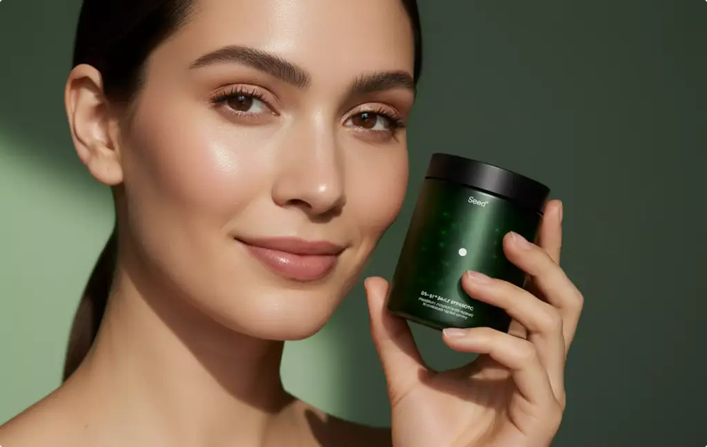 Render van een vrouw met een donkergroene supplementpot tegen een groene achtergrond