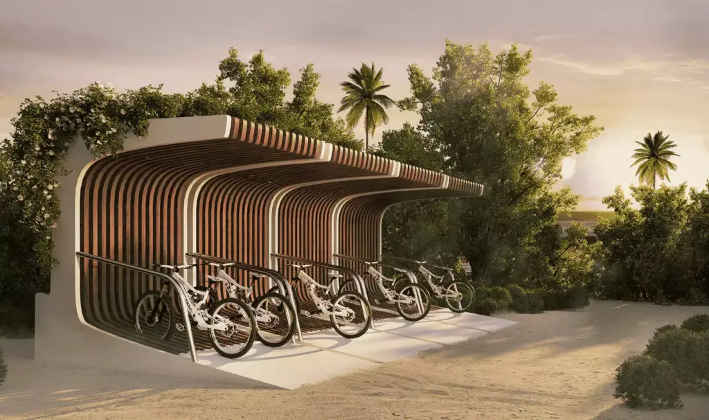 Fietsenstalling in een 3D-render voor hotelmarketing met houten overkapping, fietsen, bomen en zandpad