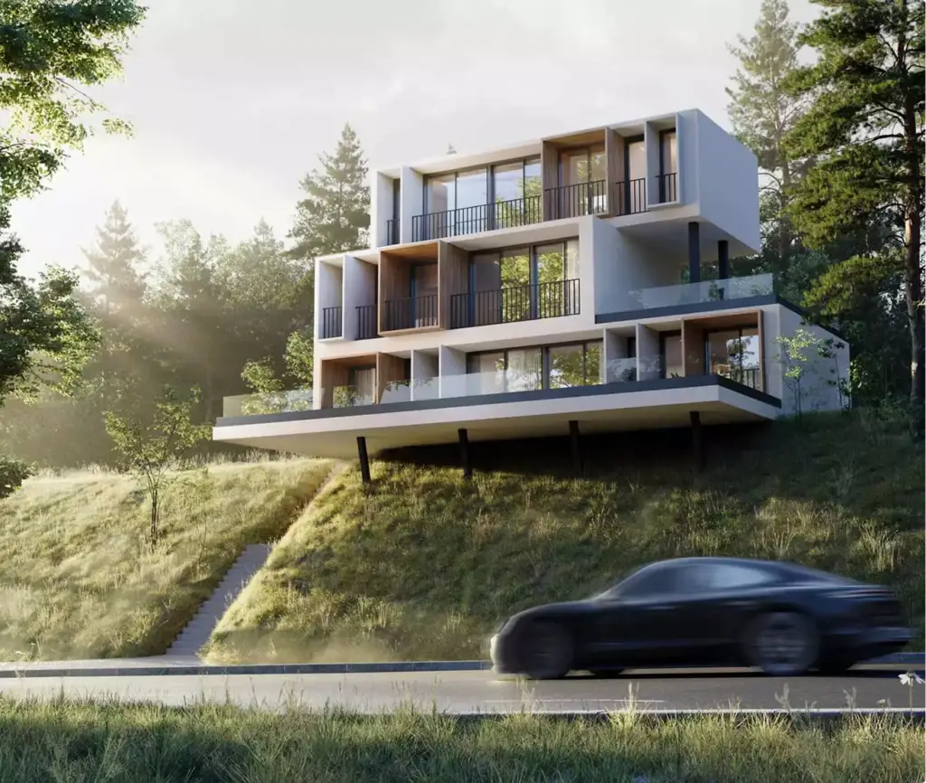 Render de vista aérea de una casa moderna en ladera con amplios balcones, bosque de fondo y la carretera abajo
