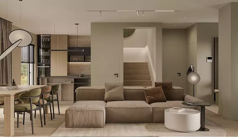 Render de un salón y una cocina modernos con sofá, mesa de comedor y escalera
