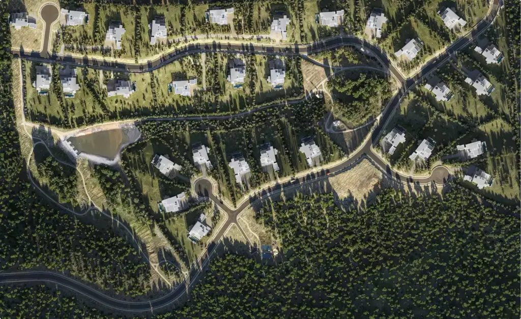 Renders arquitectónicos aéreos de la distribución de una urbanización de villas con carreteras sinuosas, árboles y casas dispersas