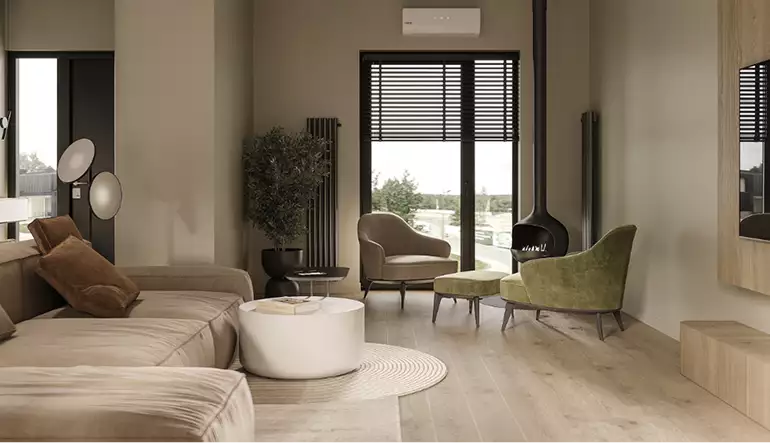 Renders arquitectónicos de un salón moderno con butacas, chimenea y ventanales altos