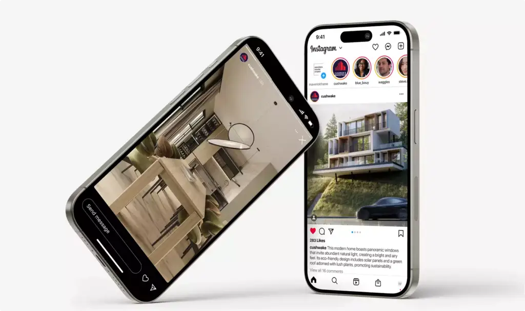 Renders arquitectónicos aéreos mostrados en dos smartphones con imágenes de interiores y de la casa en redes sociales