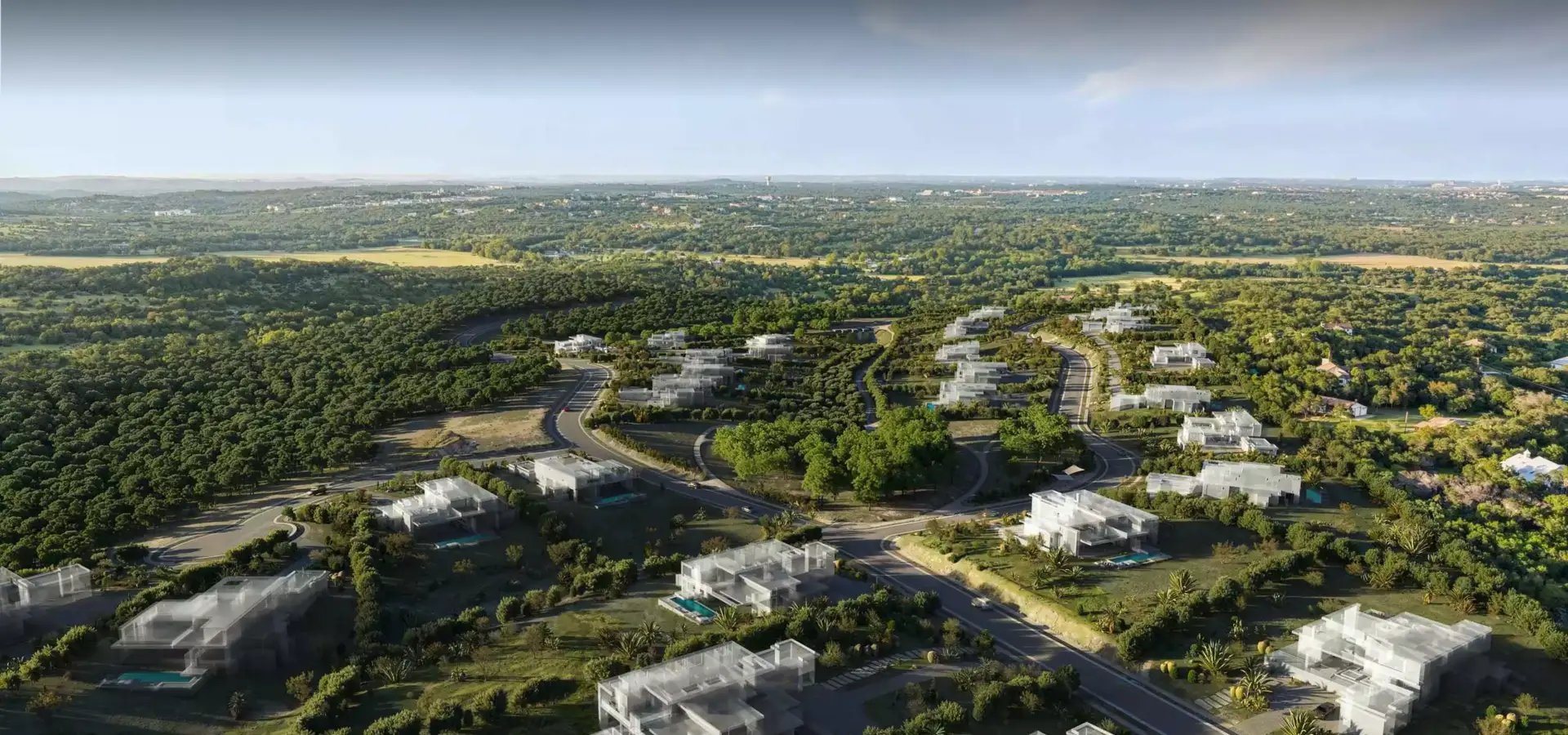 Render de vista aérea de una comunidad de villas panorámica entre colinas boscosas, con carreteras y viviendas dispersas