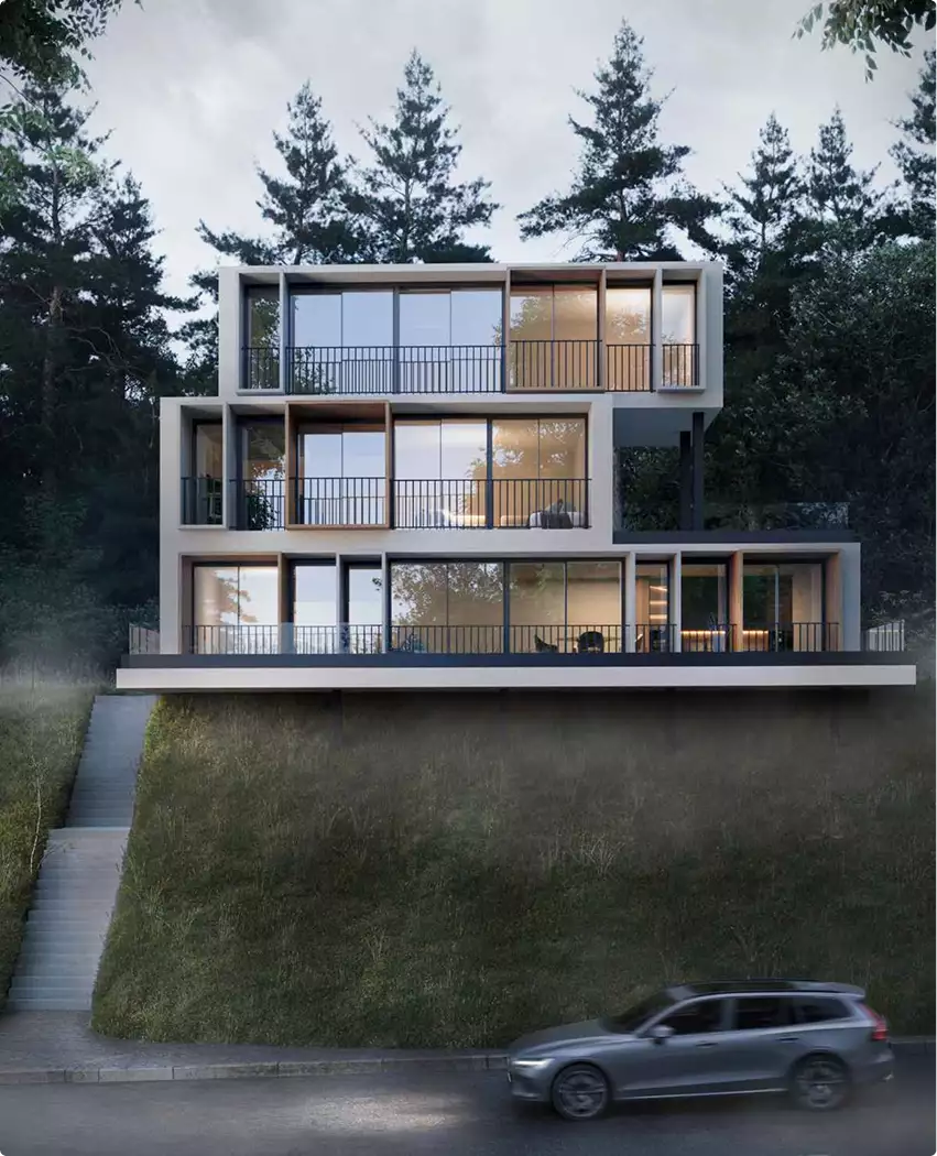 Render de vista aérea de la fachada de una casa moderna en ladera con grandes ventanales, entorno boscoso y carretera