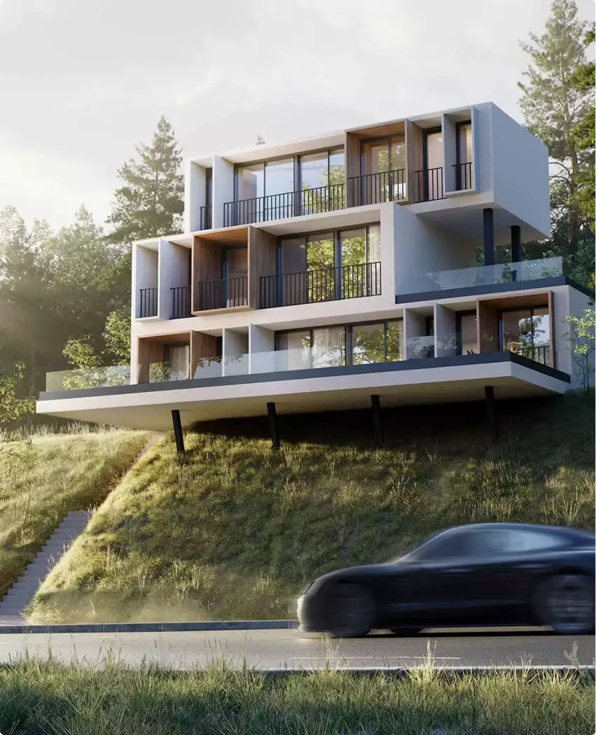 Render de vista aérea de una casa moderna en ladera con terrazas, bosque de fondo y un coche en la carretera