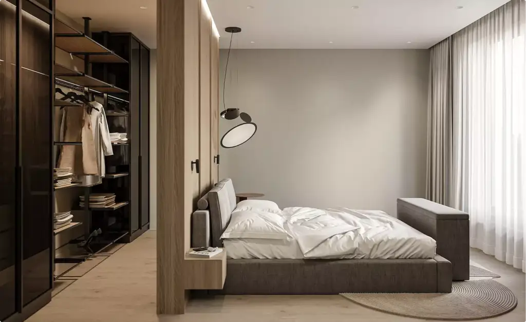 Render de un dormitorio moderno con cabecero tapizado, vestidor abierto y cortinas ligeras