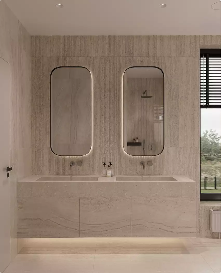 Render de un baño con doble lavabo, espejos retroiluminados, paredes de piedra y ventana
