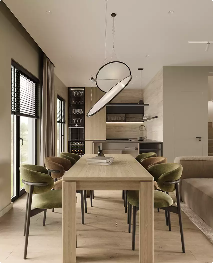 Render de un comedor y una cocina con mesa de madera, sillas verdes y grandes ventanales