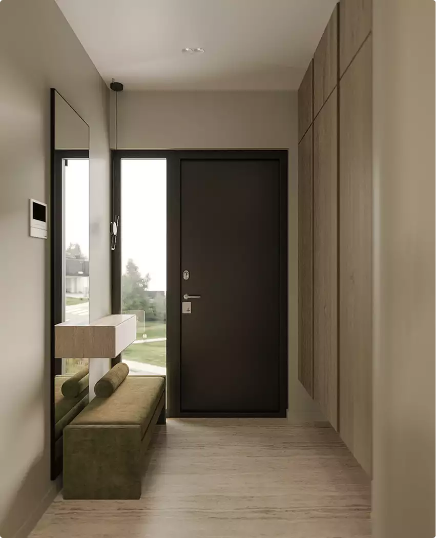 Render de un recibidor moderno con puerta de entrada oscura, banco, espejo y armario de madera