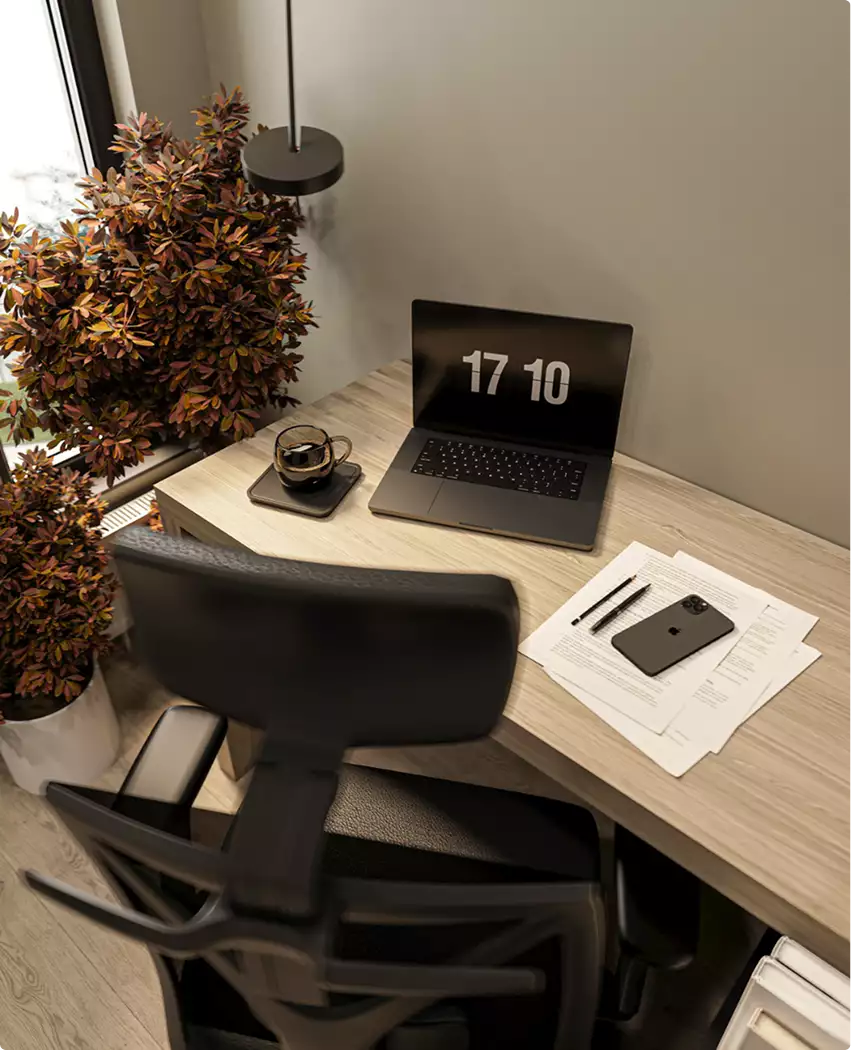 Render de un escritorio de estudio en casa con portátil, taza de café, papeles, silla y una planta