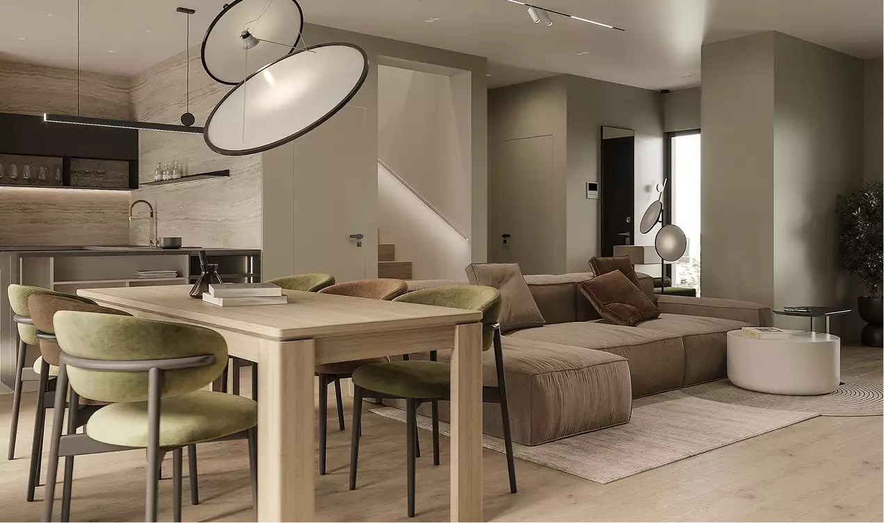 Render de un salón-cocina abierto con mesa de madera, sofá y lámparas colgantes