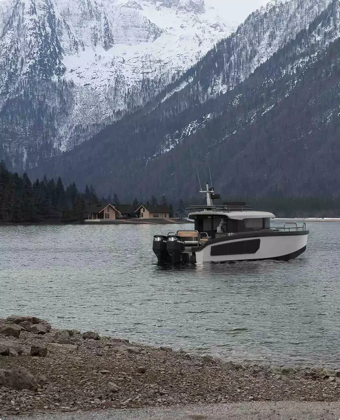 3D-bootrender van een kajuitboot op een bergmeer met besneeuwde toppen en huisjes aan de oever