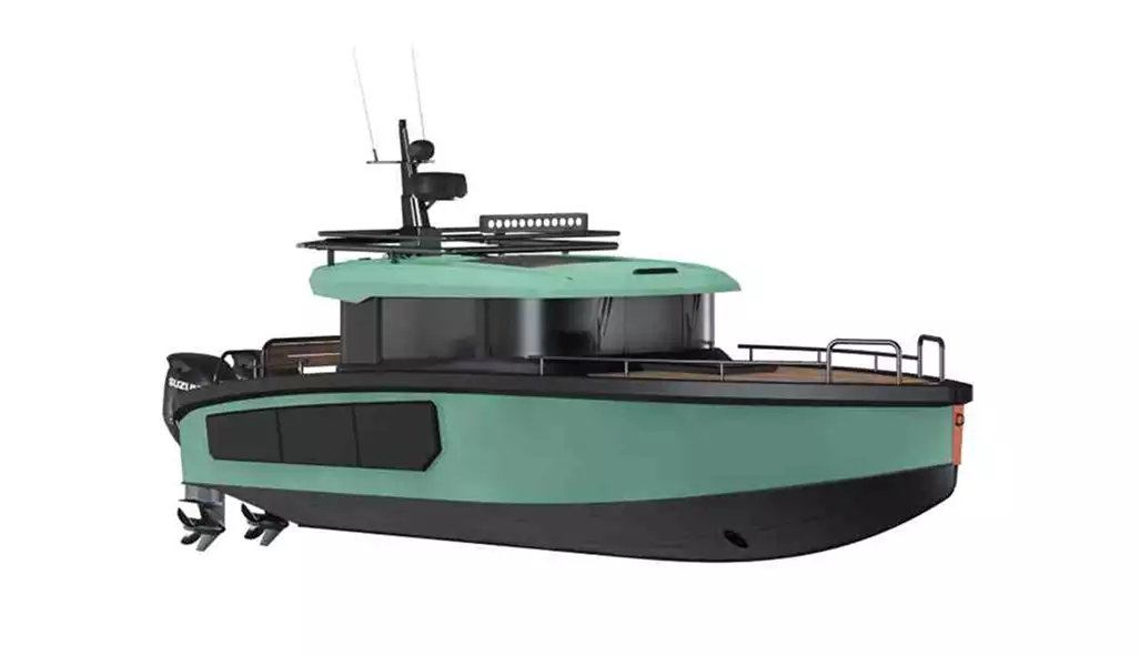 3D-bootvisualisatie van een mintgroene kajuitboot in zijaanzicht op een witte achtergrond