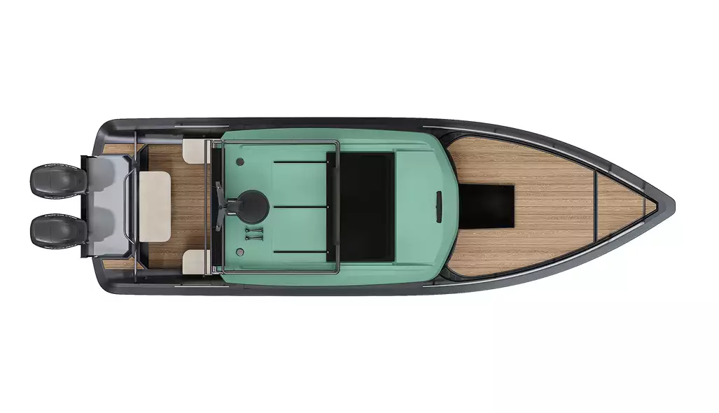 3D-bootvisualisatie met een bovenaanzicht van een mintgroene motorboot op een witte achtergrond