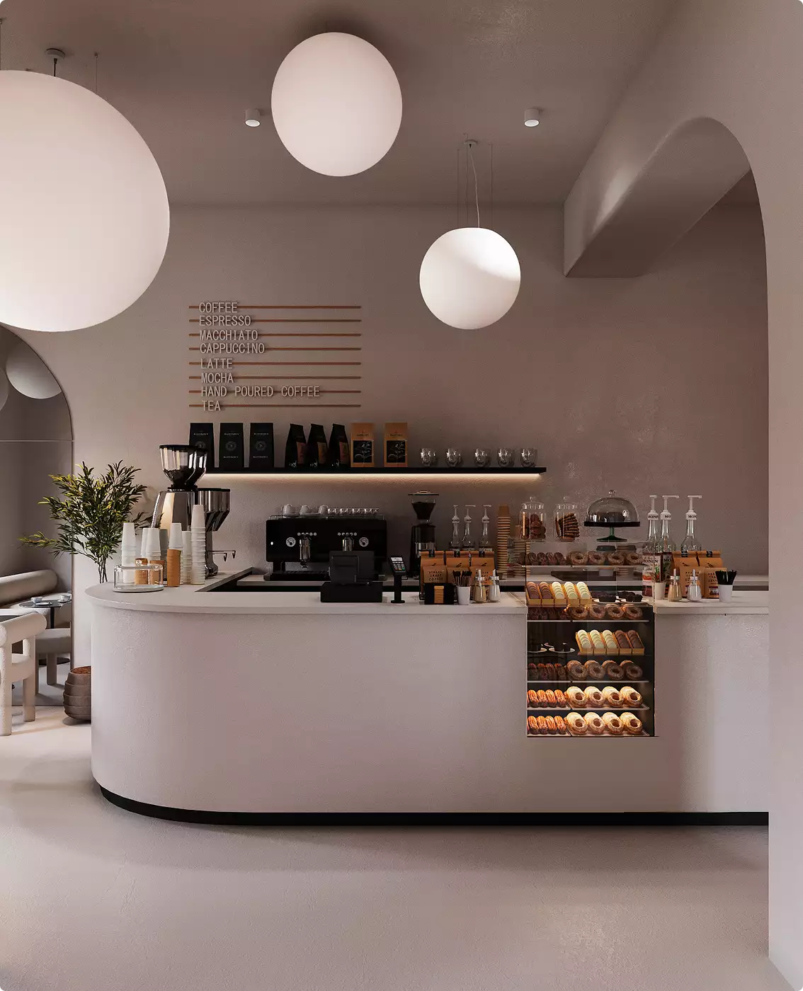 Rendering 3D di una caffetteria con bancone curvo, scaffali della pasticceria, parete menu, macchina per espresso e lampade sferiche