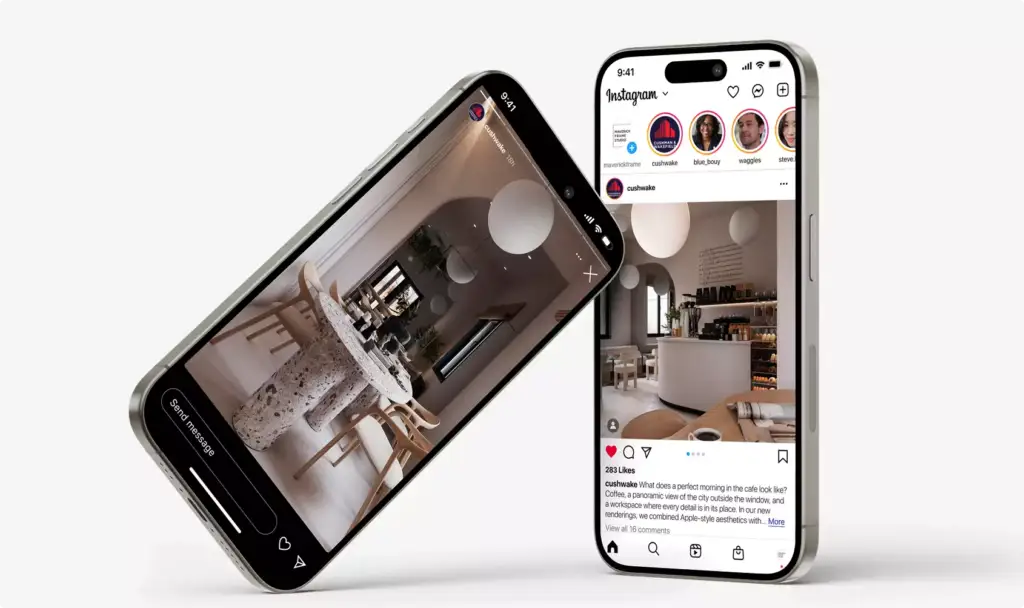 Rendering 3D di una caffetteria mostrato su due smartphone con post per i social su fondo bianco