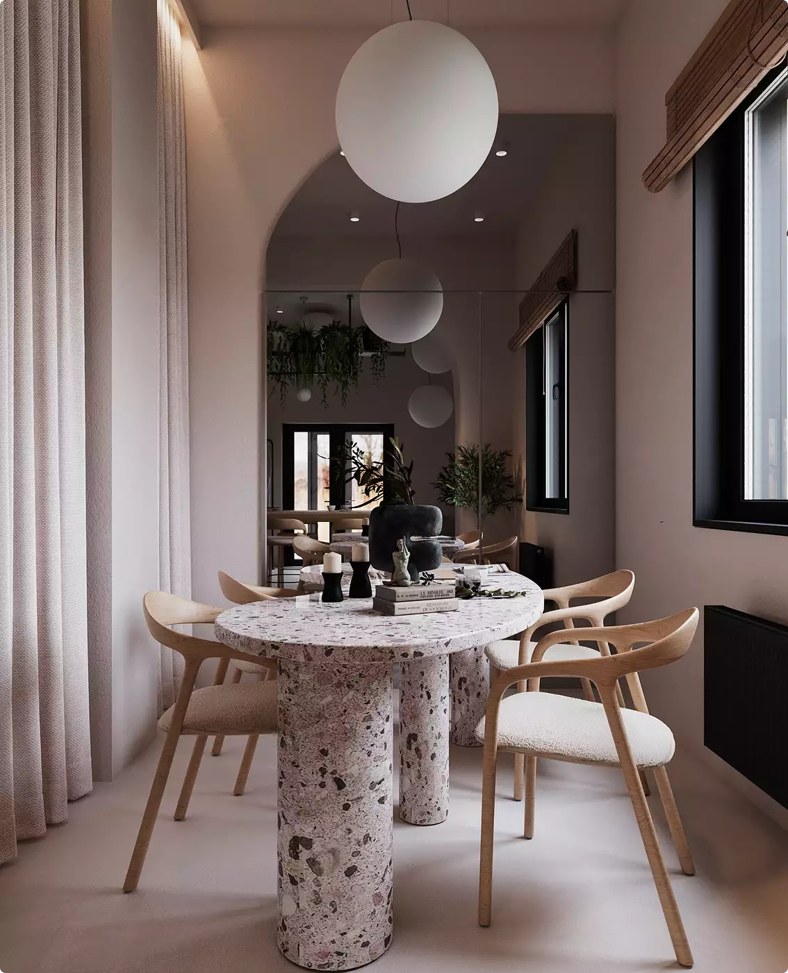 Rendering 3D di una caffetteria con tavolo da pranzo in terrazzo, sedie in legno, lampada a sospensione, parete a specchio e finestre