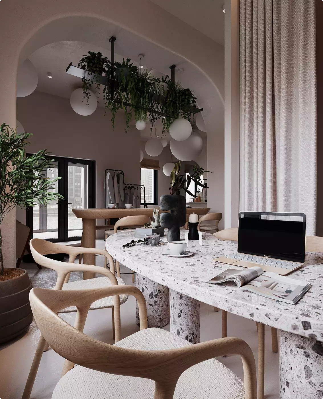 Rendering 3D di una caffetteria con tavolo in terrazzo, sedie in legno, laptop, lampade a sospensione e piante sospese