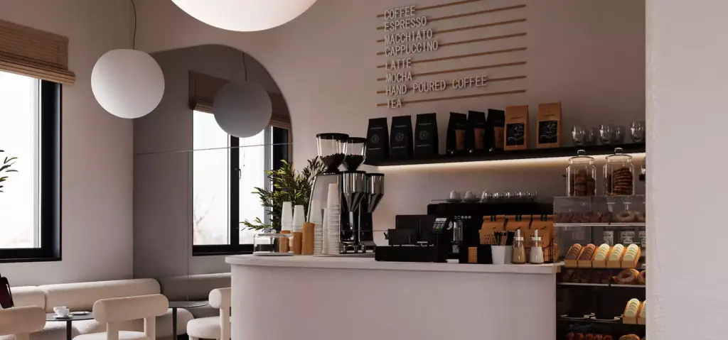 Render di un coffee bar con lampade a sospensione, parete menu, postazione macinacaffè e vetrina della pasticceria