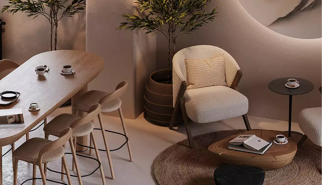 Render di un angolo accogliente di una caffetteria con poltrone, tavolo in legno, tazze da caffè, tappeto rotondo e alberi da interno