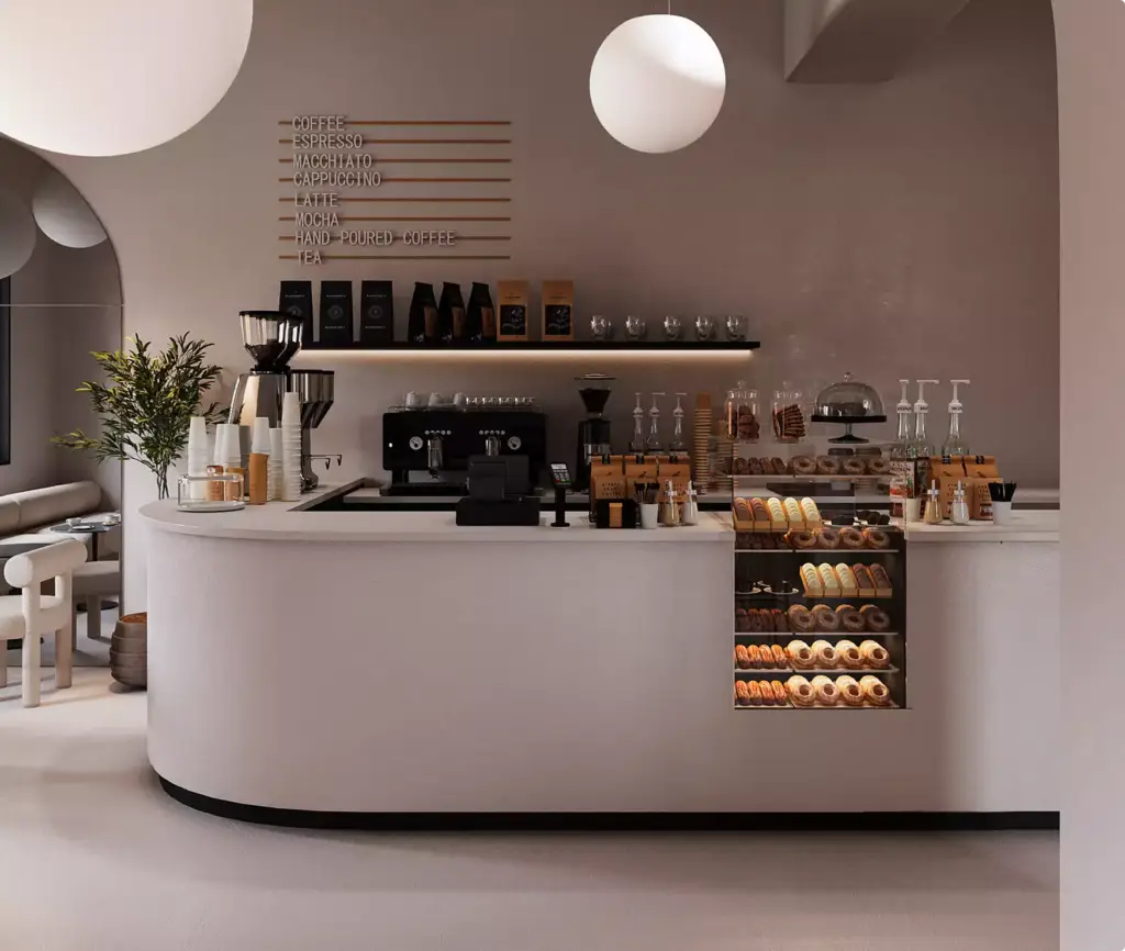 Render di una caffetteria con bancone curvo, macchine per espresso, scaffali della pasticceria, parete menu e lampade a sospensione