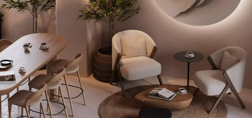 Render di una caffetteria con zona lounge, poltrone, tavolini, tazze da caffè, tavolo in legno e alberi in vaso