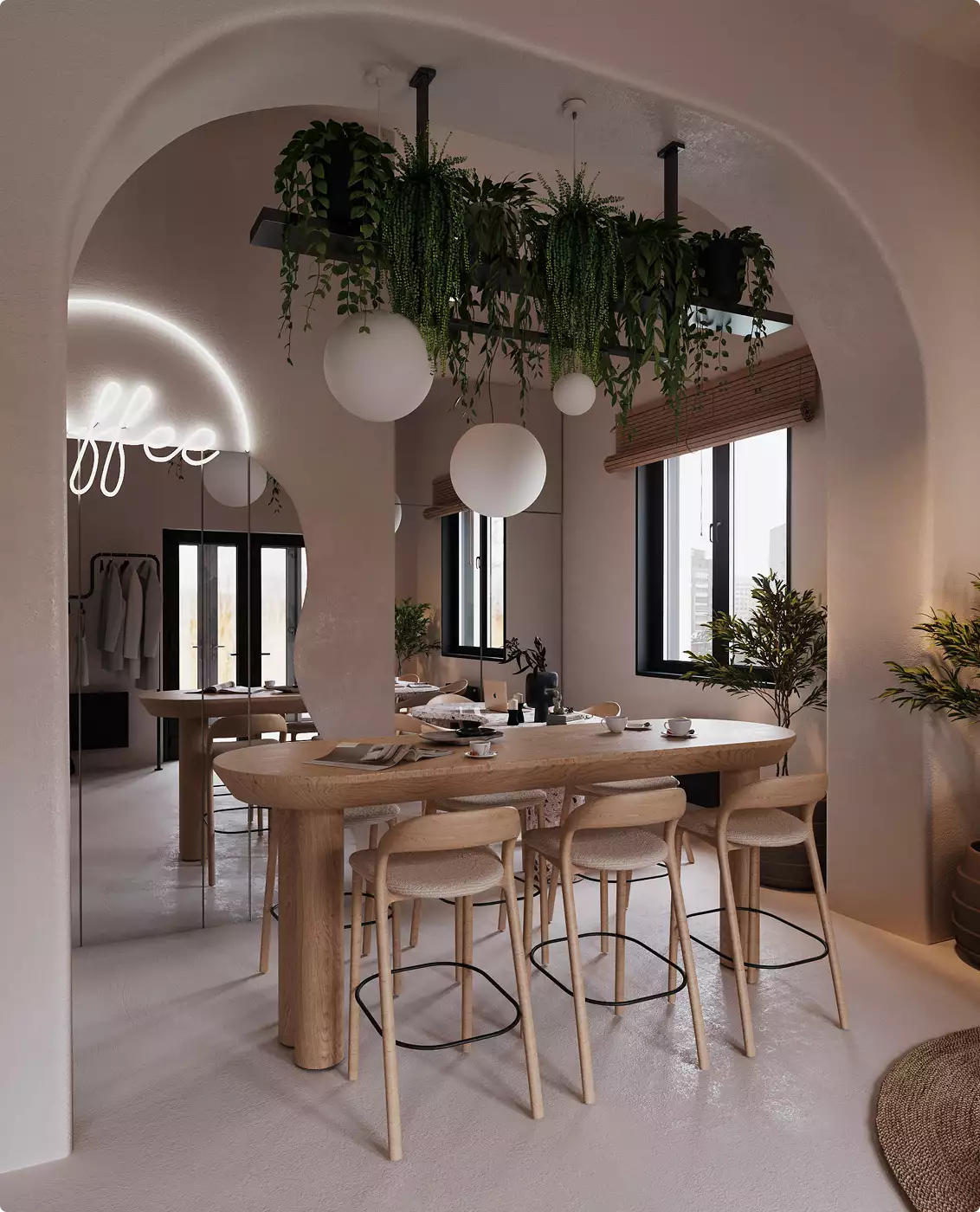 Rendering di una caffetteria con sala ad arco, tavolo in legno, sgabelli, piante sospese e lampade sferiche
