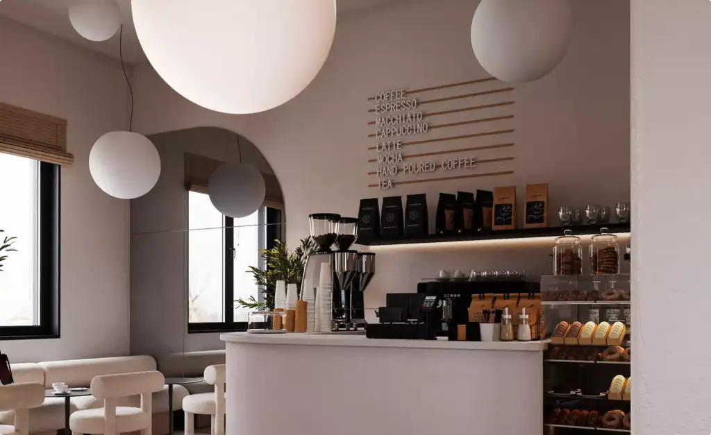 Rendering degli interni di un coffee bar con lampade a sospensione, parete menu, vetrina della pasticceria e sedute