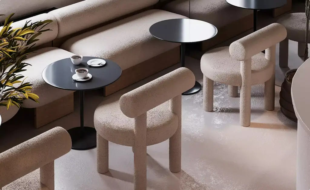 Rendering di una caffetteria con zona sedute, sedie materiche, tavolini neri rotondi, tazze da caffè e panche