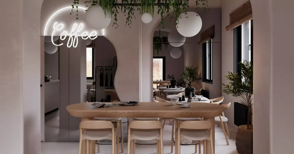 Visualizzazione di una caffetteria con sala ad arco, tavolo in legno, sedie, lampade a sospensione e piante da interno