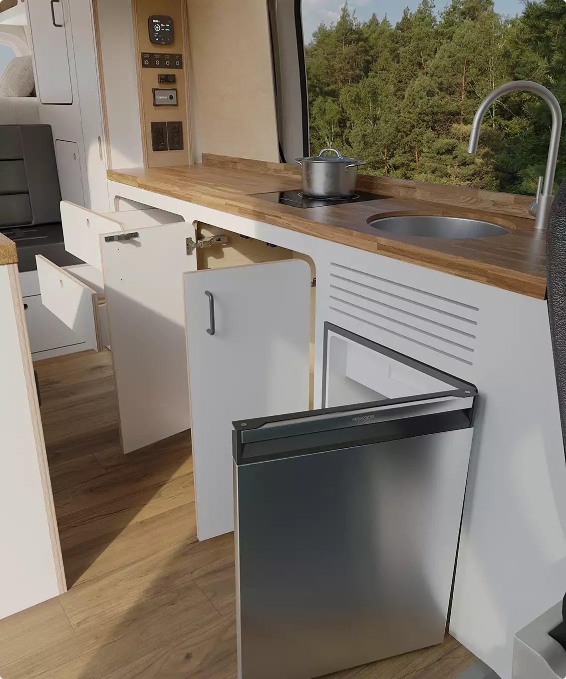 campervan interior design kitchen with wood countertop, sink, cooktop, drawers and built in fridge