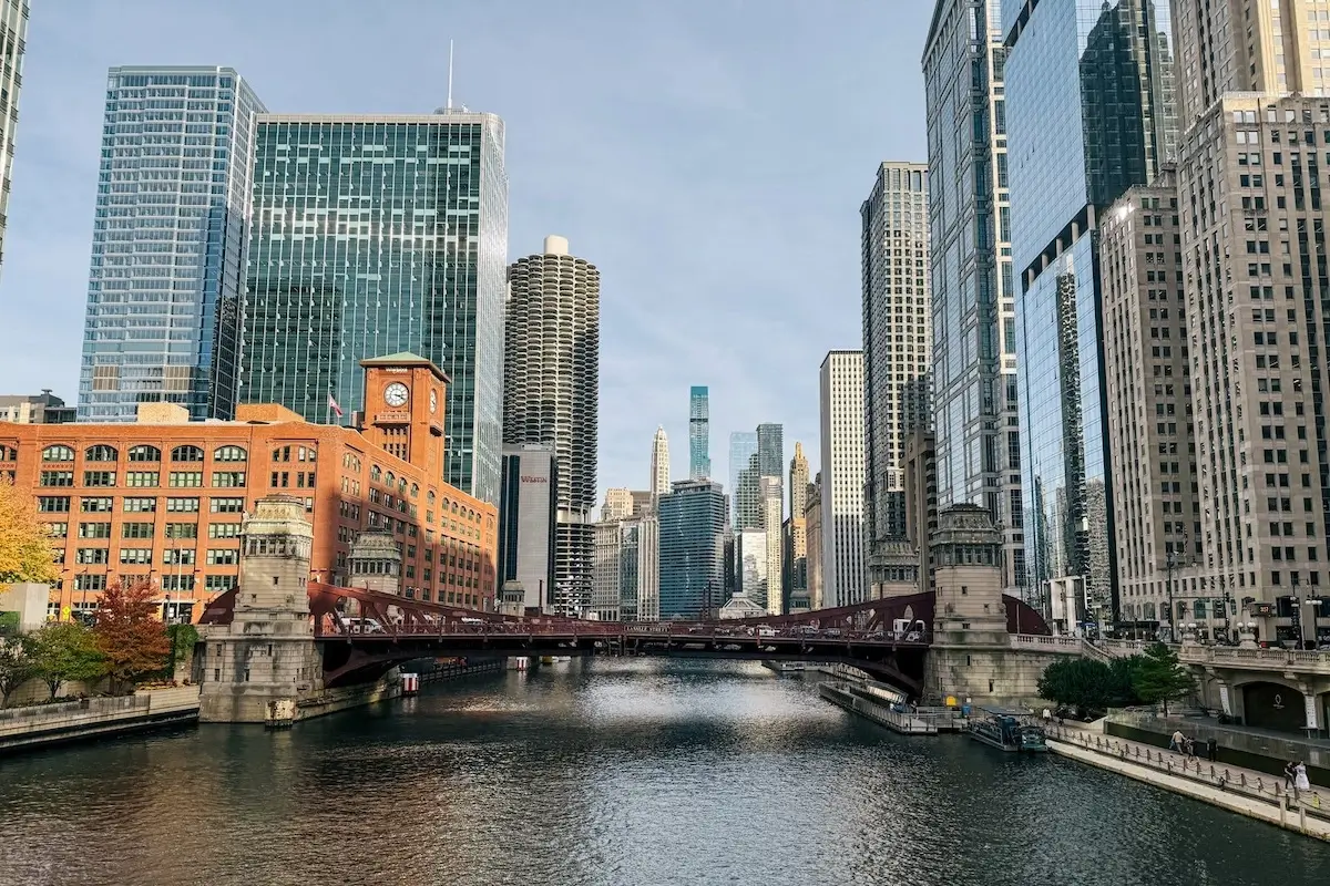 Chicago bridge and river corridor, Chicago 3D rendering services view with dense towers and calm water