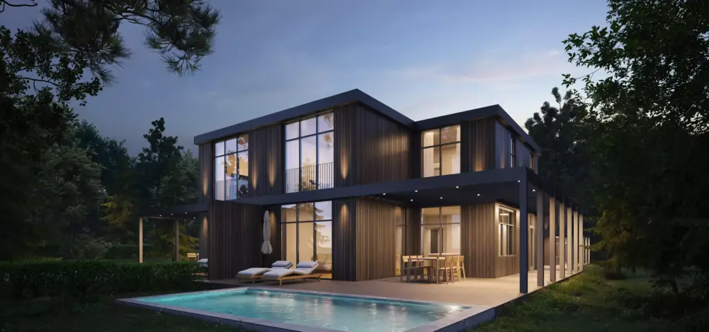 Esterno di casa contemporanea con facciata in legno, grandi vetrate, terrazza con piscina e luce calda della sera