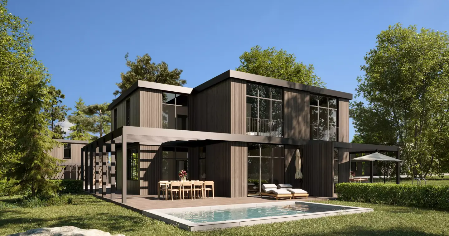 Contemporary home exterior with wood facade, large windows, pool terrace and outdoor dining area