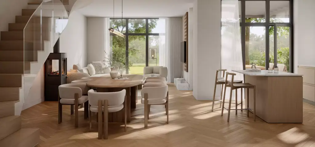 Soggiorno e cucina open space con tavolo in legno, scala e grandi vetrate in una casa contemporanea