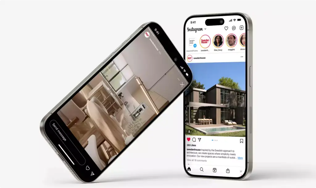 Due smartphone che mostrano un post Instagram con l'esterno della casa e la piscina accanto a una scena di interni