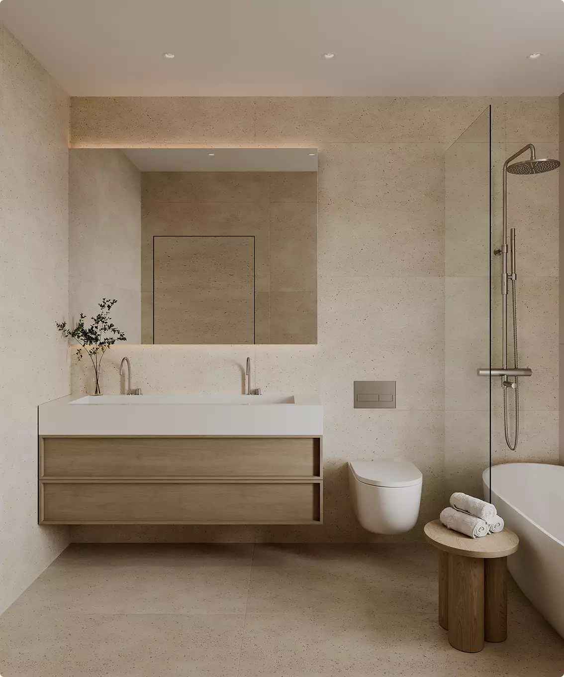 Bagno con doppio lavabo, pareti in pietra, doccia in vetro e vasca in una casa contemporanea