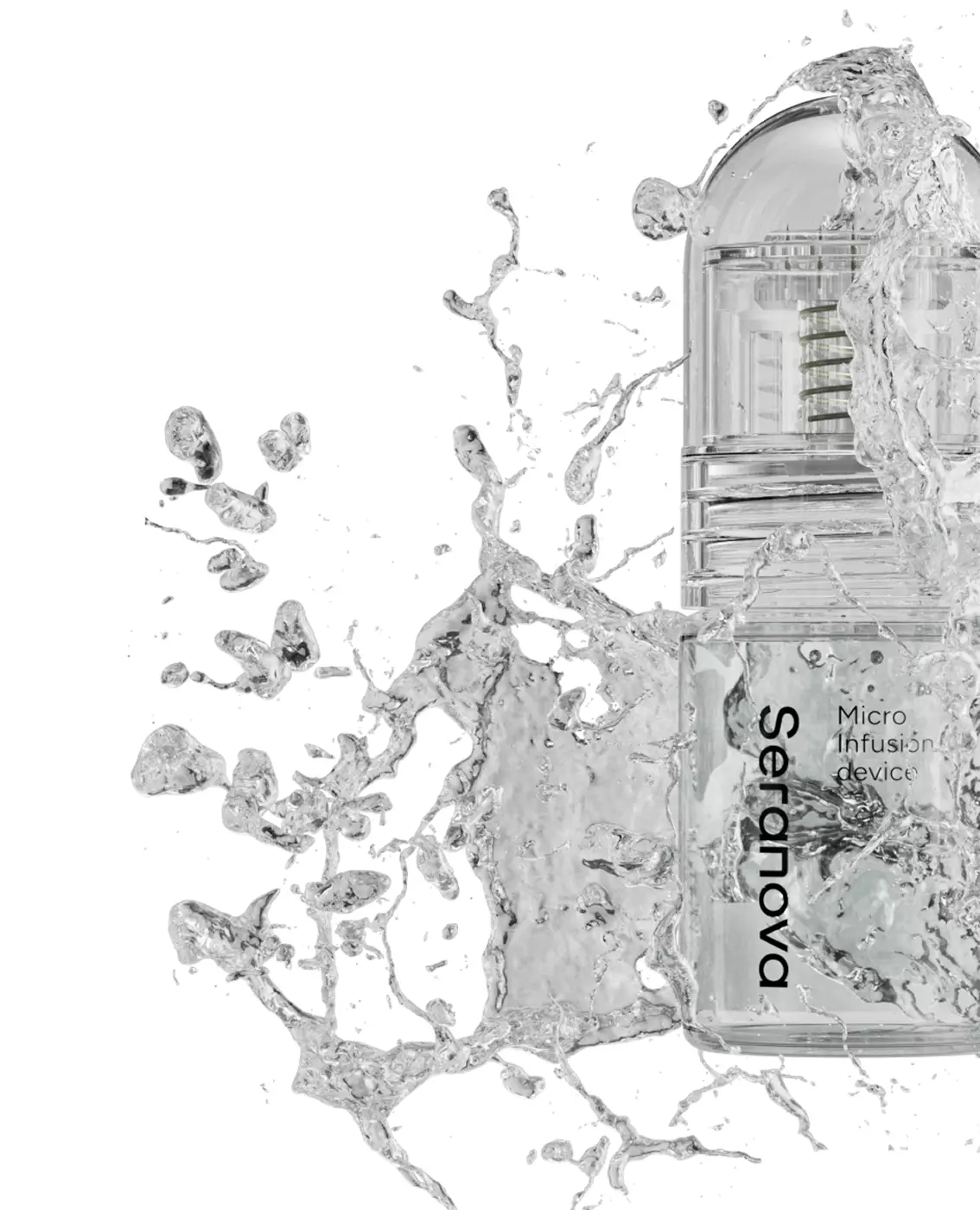 Frasco transparente del dispositivo de microinfusión con salpicadura de agua sobre fondo blanco, render de packaging cosmético