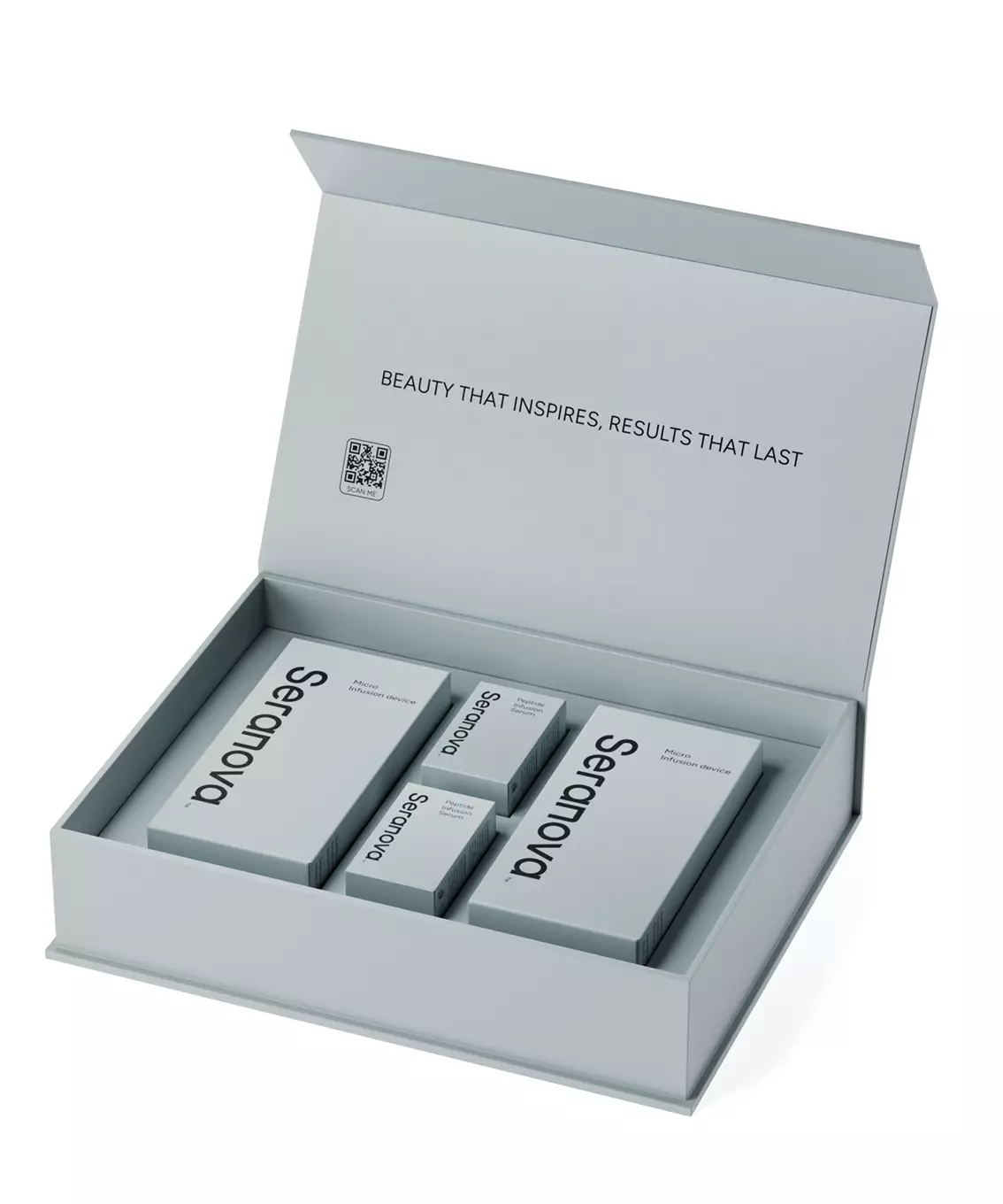 Set de caja regalo abierta con varias cajas de skincare dentro, render de packaging cosmético