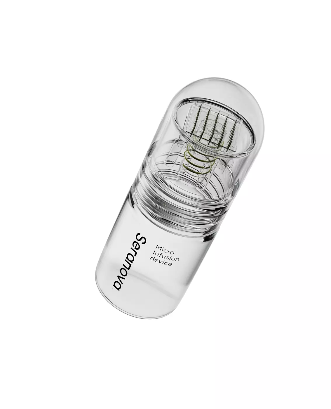 Frasco del dispositivo de microinfusión Seranova con agujas visibles bajo el tapón transparente, render de packaging cosmético