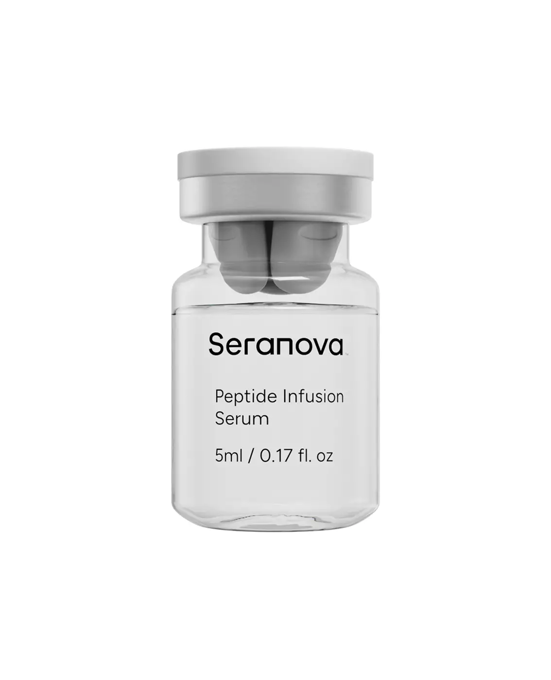 Vial de sérum de infusión de péptidos Seranova con tapón y etiqueta sobre fondo blanco, render de packaging cosmético