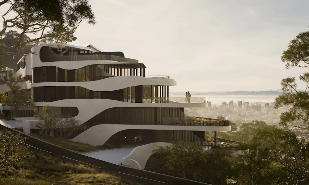 Curved modern residence above a hazy skyline, 3D rendering in los angeles