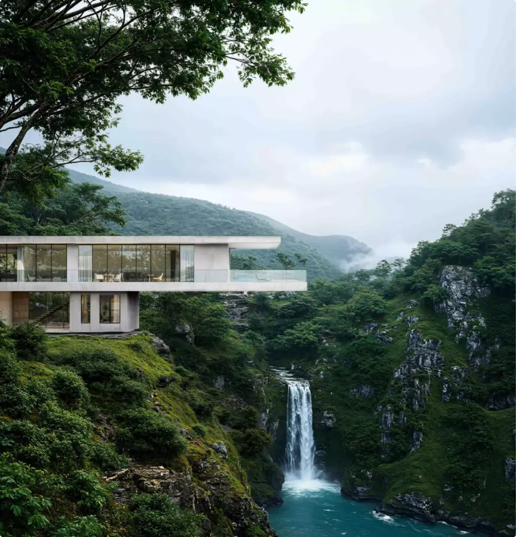 ustainable hillside house overlooking a waterfall and misty forest valley